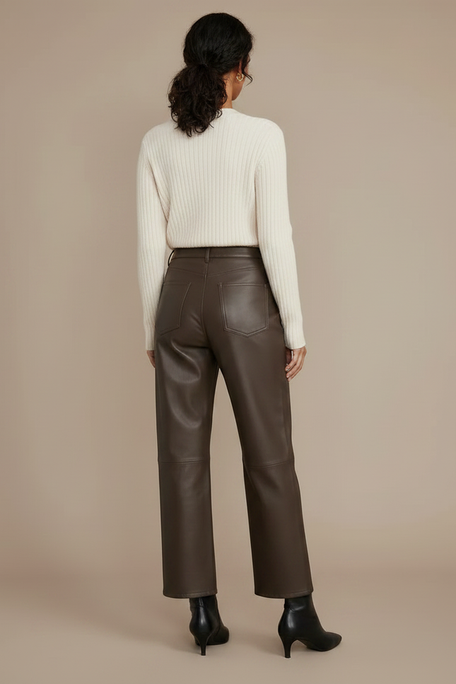 Pantalon Marron Cuir Simili Ample Taille Haute - Simili cuir - vue 2