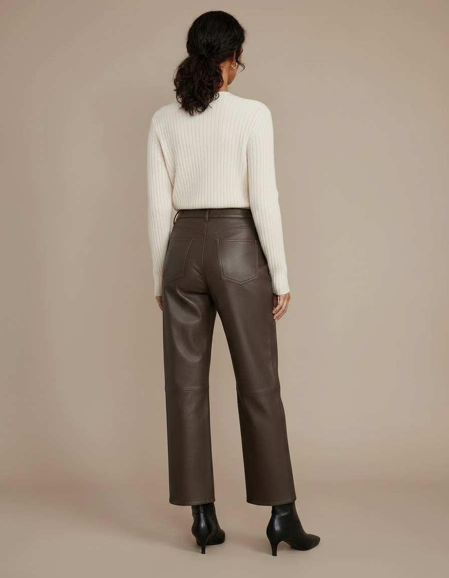 Pantalon Marron Cuir Simili Ample Taille Haute - Simili cuir - vue 2