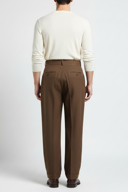 Pantalon Marron Plissé Droit Laine Homme Élégant - vue 2