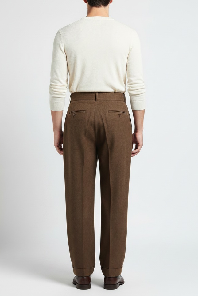 Pantalon Marron Plissé Droit Laine Homme Élégant - vue 2