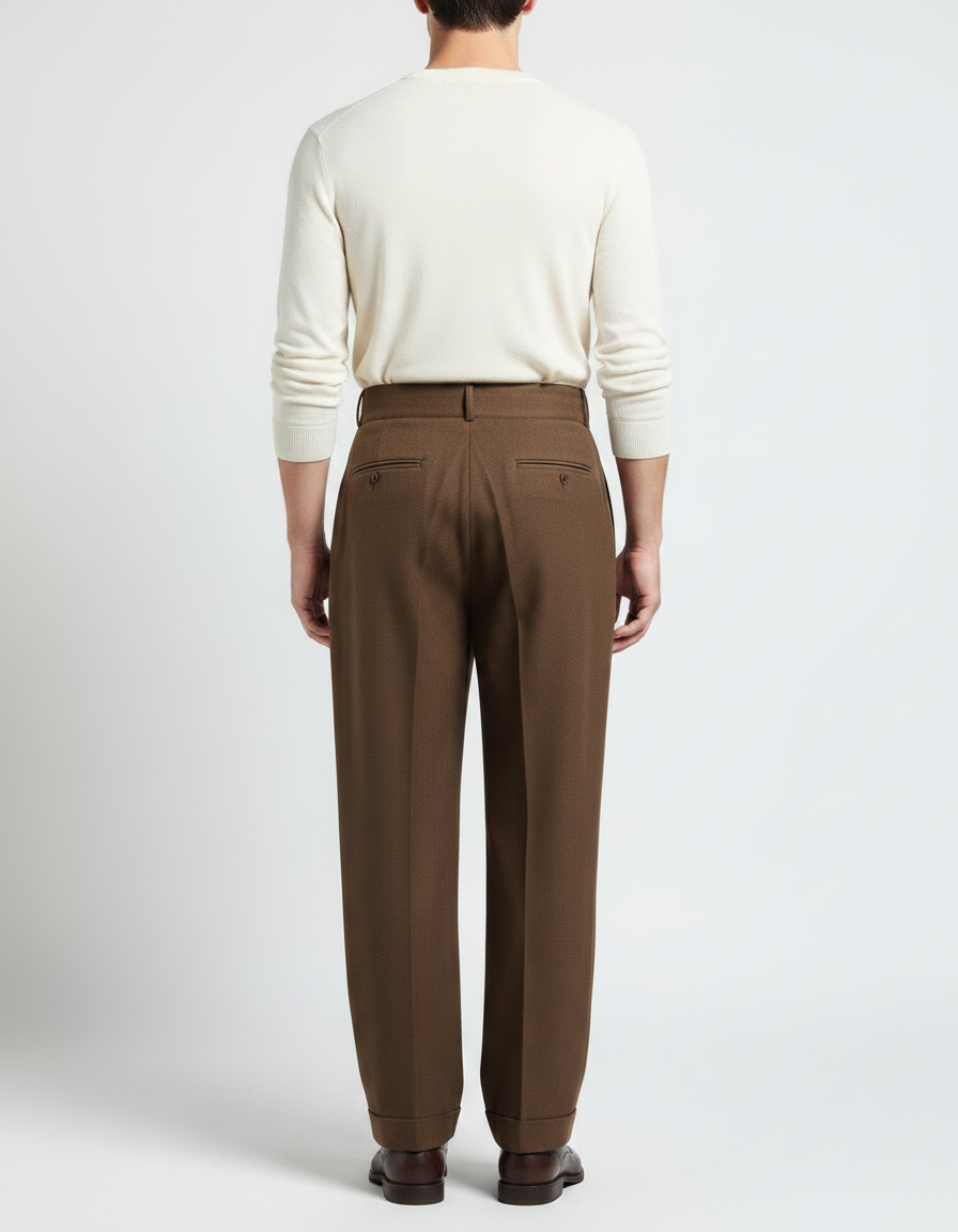 Pantalon Marron Plissé Droit Laine Homme Élégant - vue 2