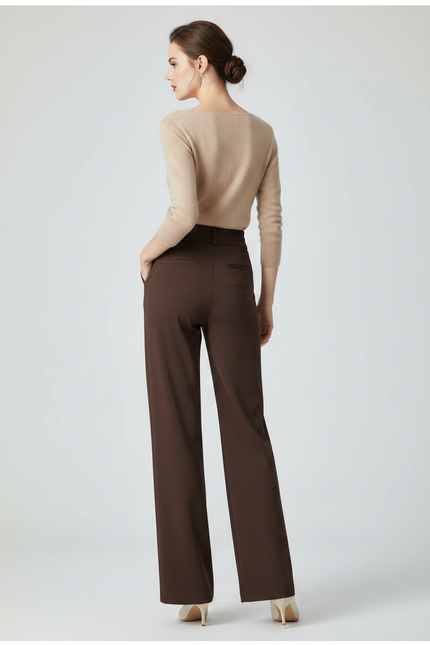 Pantalon Marron Fluide Taille Haute Élégant Femme - Polyester - vue 2