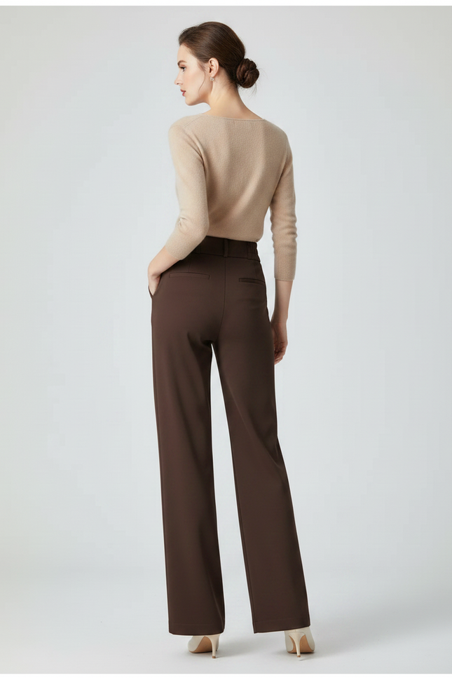 Pantalon Marron Fluide Taille Haute Élégant Femme - Polyester - vue 2