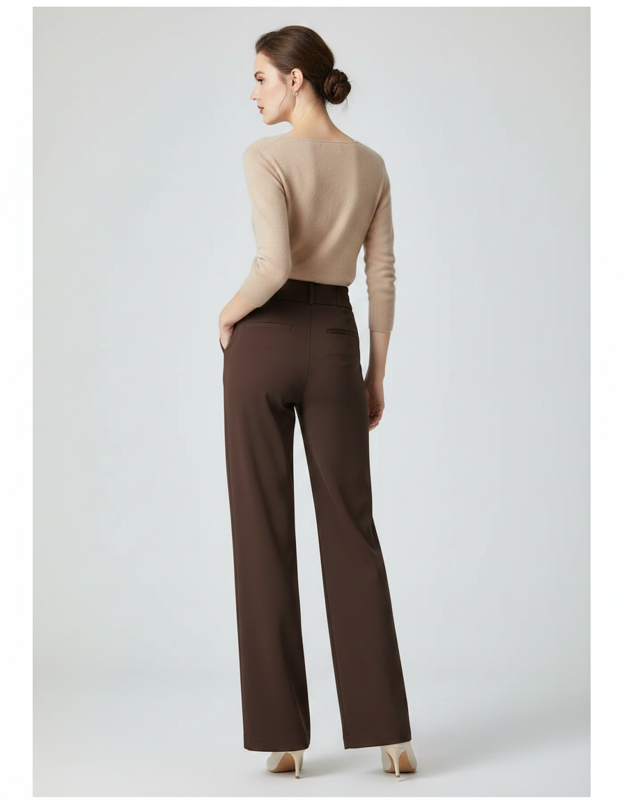 Pantalon Marron Fluide Taille Haute Élégant Femme - Polyester - vue 2