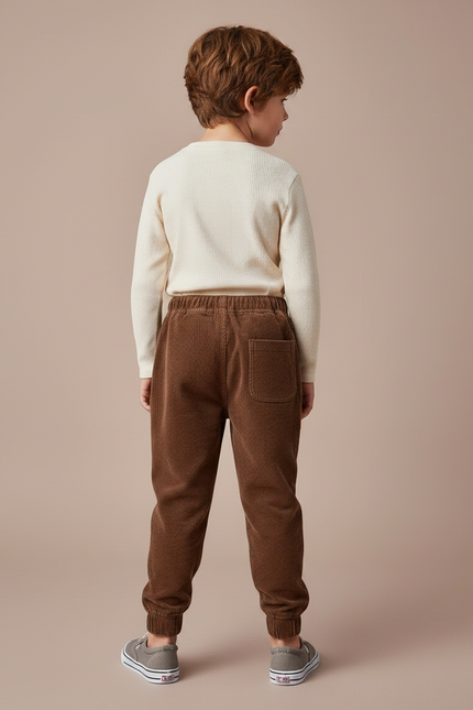 Pantalon Marron Côtelé Ample Élastique Enfant Décontracté - Cordé - vue 2