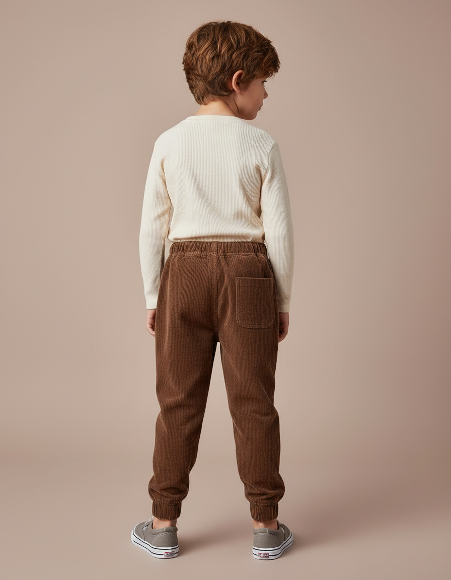 Pantalon Marron Côtelé Ample Élastique Enfant Décontracté - Cordé - vue 2