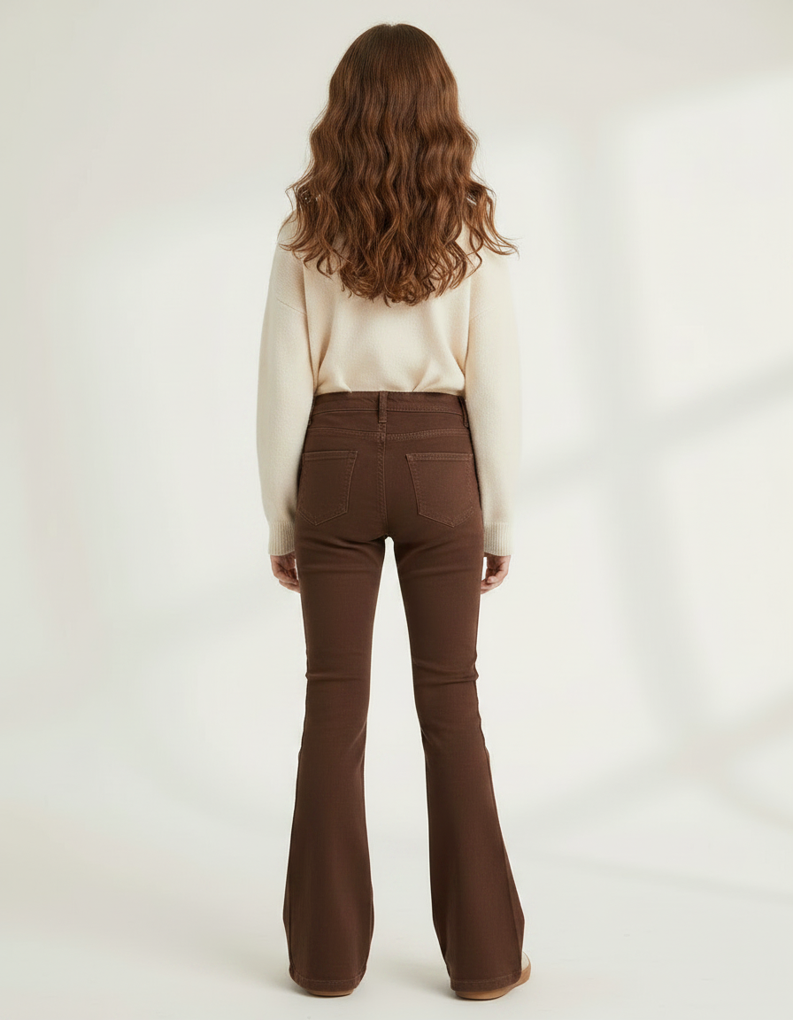 Pantalon Marron Évasé Confortable Taille Haute Fille - Gabardine - vue 2