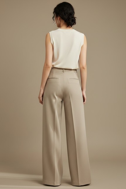 Pantalon Marron Élégant Ample Droit Taille Haute Femme - Beige Gabardine - vue 2