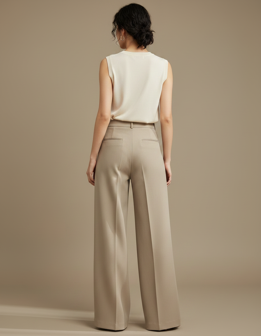 Pantalon Marron Élégant Ample Droit Taille Haute Femme - Beige Gabardine - vue 2