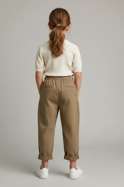 Pantalon Marron Coton Ample Élastique Enfant Plié Confortable - Kaki - vue 2