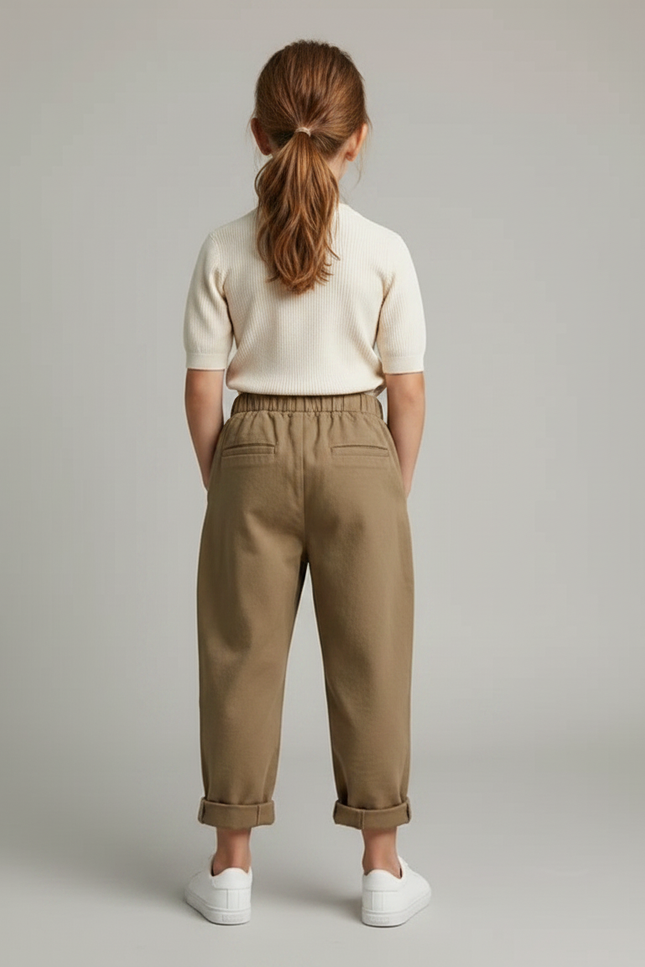Pantalon Marron Coton Ample Élastique Enfant Plié Confortable - Kaki - vue 2