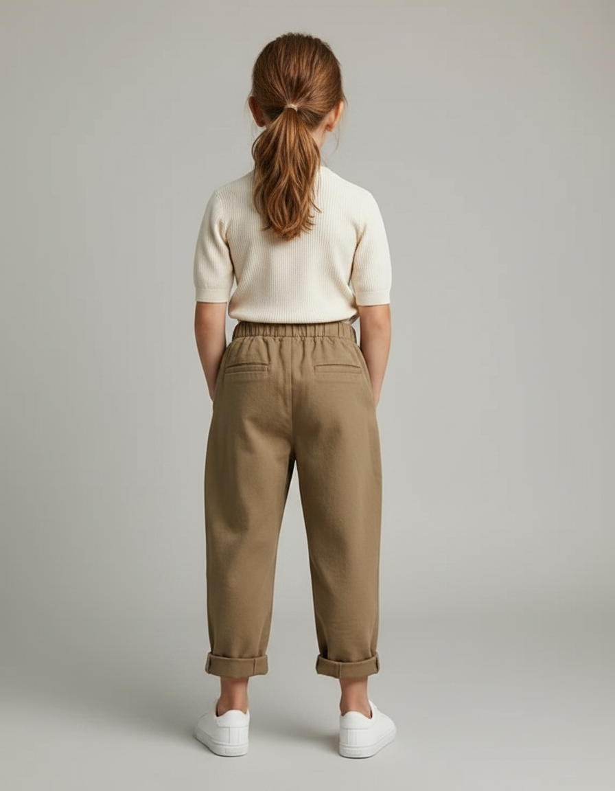 Pantalon Marron Coton Ample Élastique Enfant Plié Confortable - Kaki - vue 2