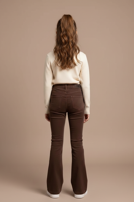 Pantalon Marron Évasé Taille Haute Confortable Fille - Cordé - vue 2