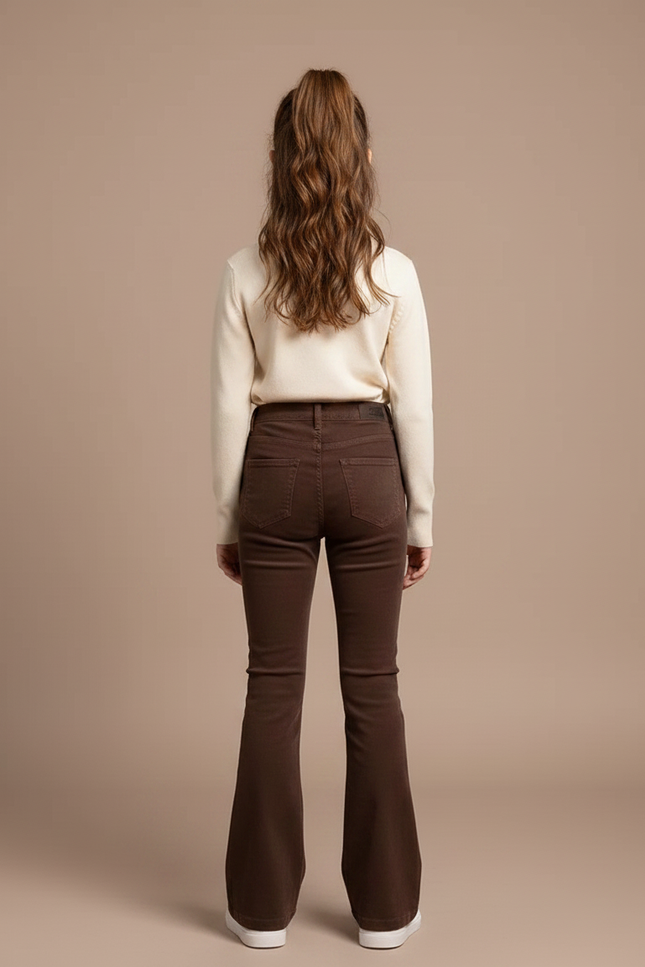 Pantalon Marron Évasé Taille Haute Confortable Fille - Cordé - vue 2