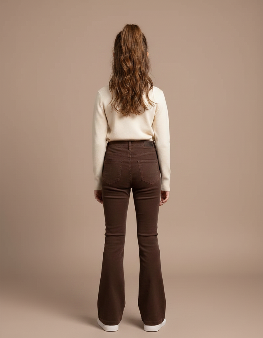 Pantalon Marron Évasé Taille Haute Confortable Fille - Cordé - vue 2