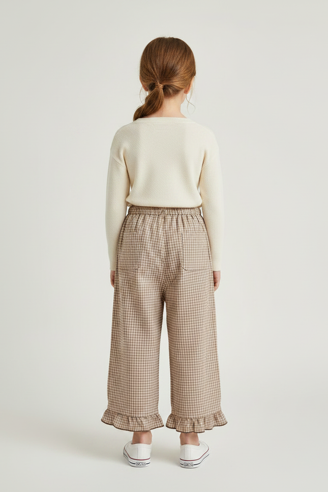Pantalon Marron À Carreaux Ample Volants Coton Enfant - vue 2