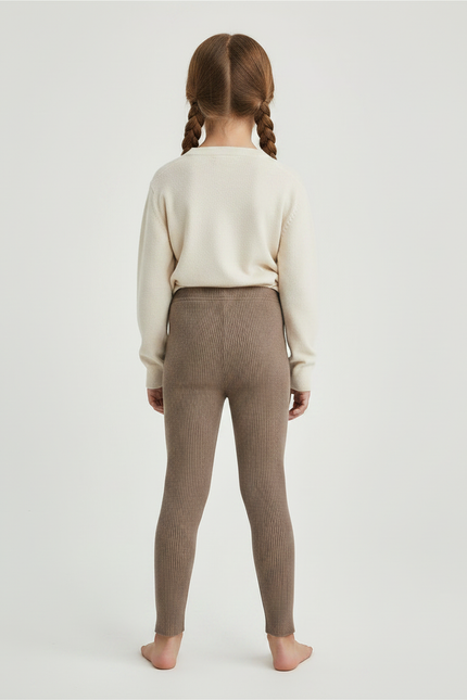 Pantalon Marron Côtelé Tricoté Extensible Enfant Fille - Maille - vue 2