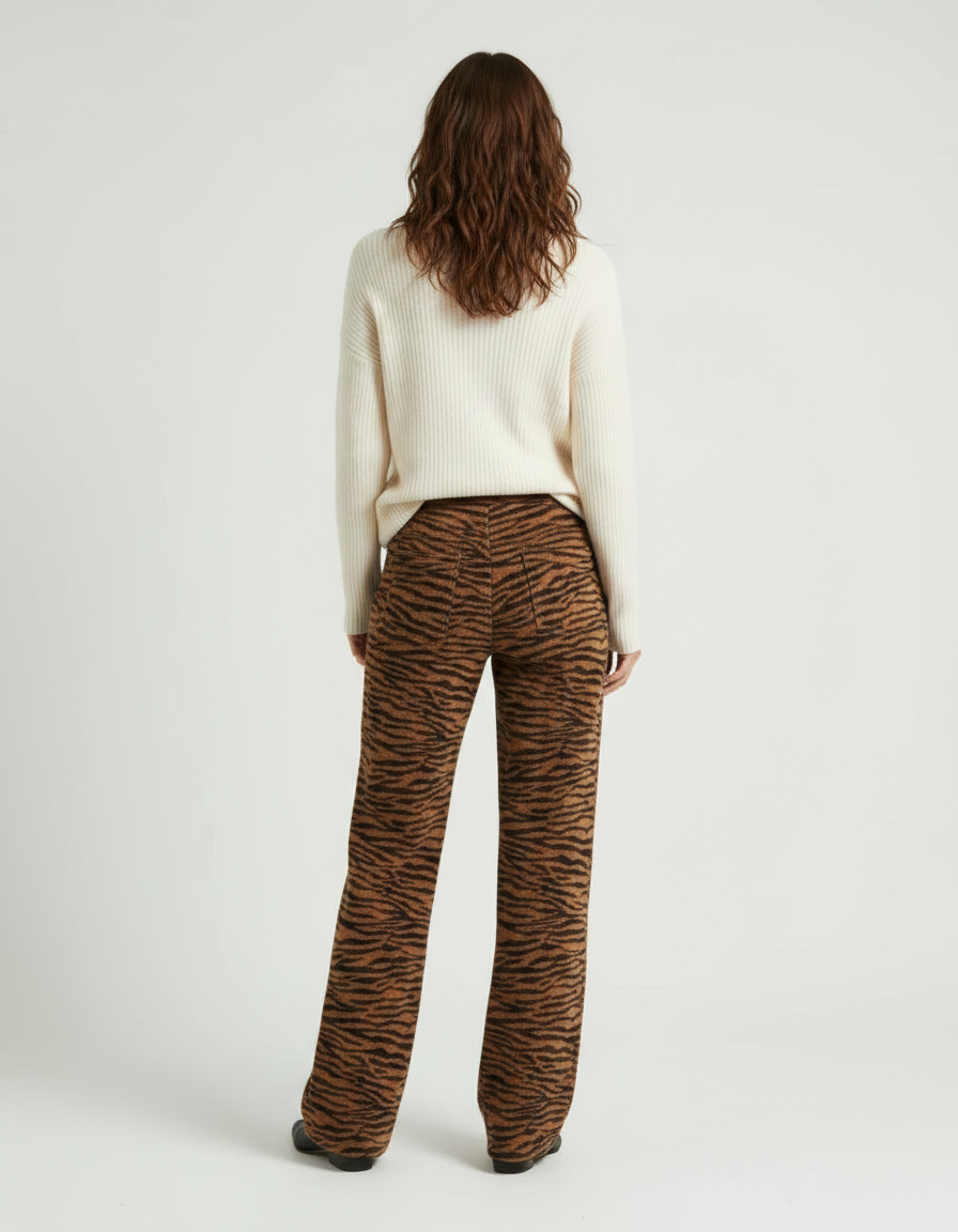 Pantalon Marron Tigré Taille Haute Ample Évasé - Molleton - vue 2