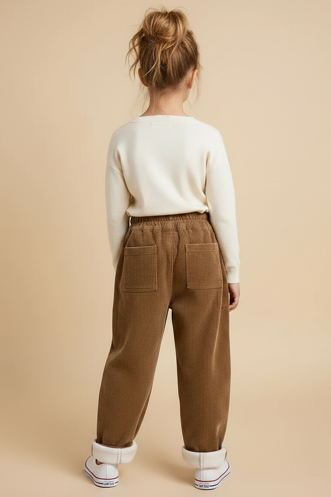Pantalon Marron Côtelé Ample Doublé Polaire Enfant - Cordé - vue 2