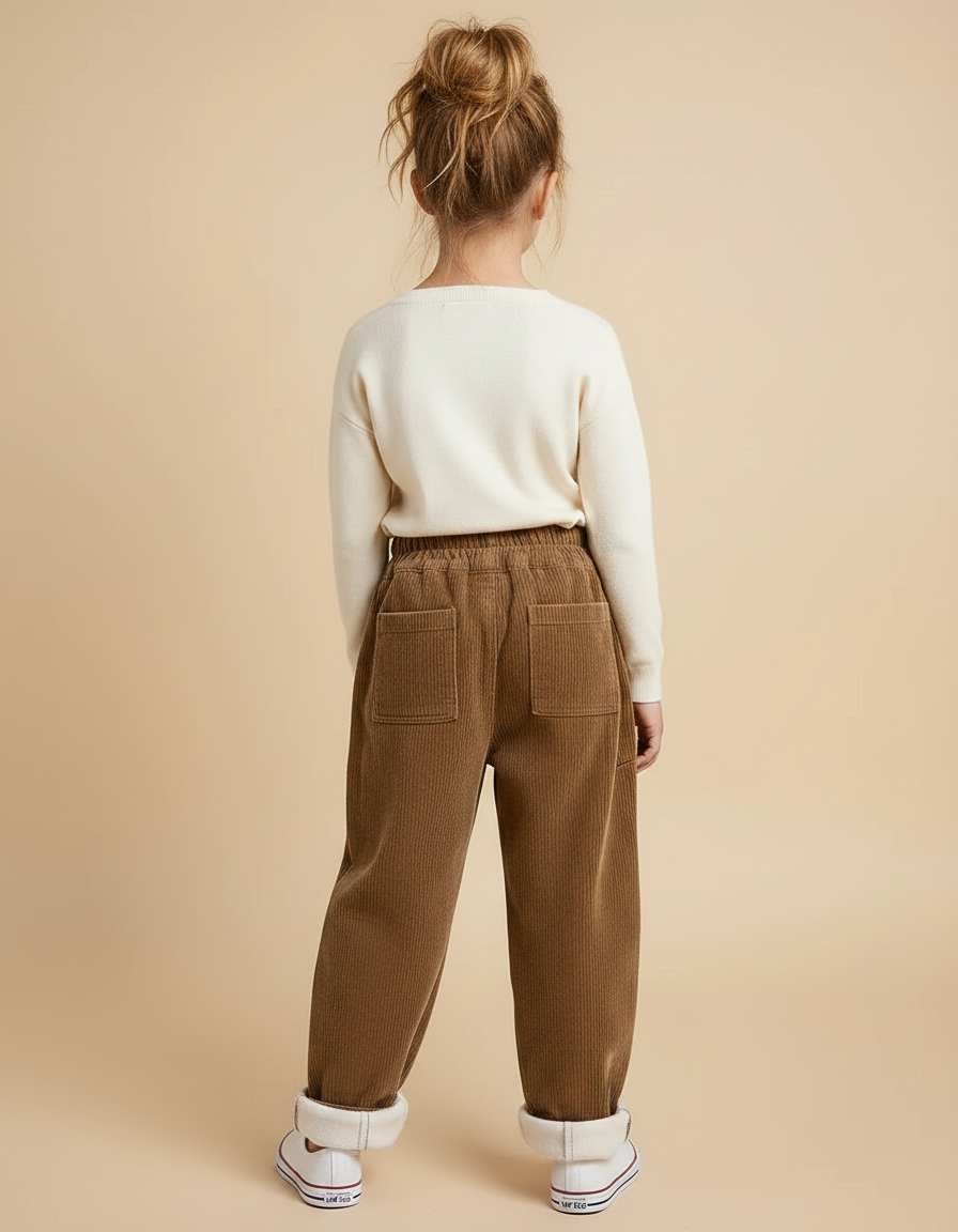 Pantalon Marron Côtelé Ample Doublé Polaire Enfant - Cordé - vue 2