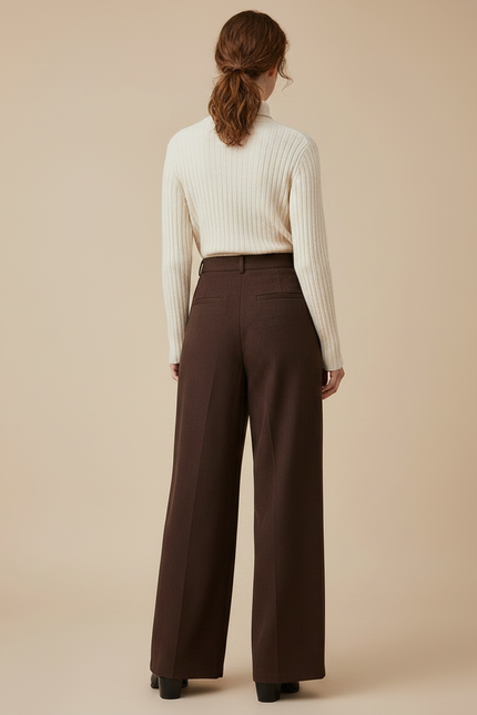 Pantalon Marron Ample Taille Haute Plissé Chic Femme - Laine - vue 2