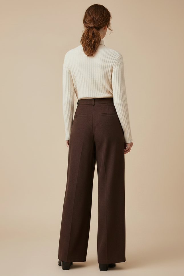 Pantalon Marron Ample Taille Haute Plissé Chic Femme - Laine - vue 2