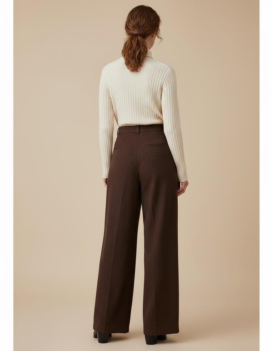 Pantalon Marron Ample Taille Haute Plissé Chic Femme - Laine - vue 2