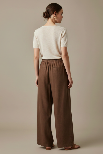 Pantalon Marron Ample Lin Taille Haute Femme - vue 2