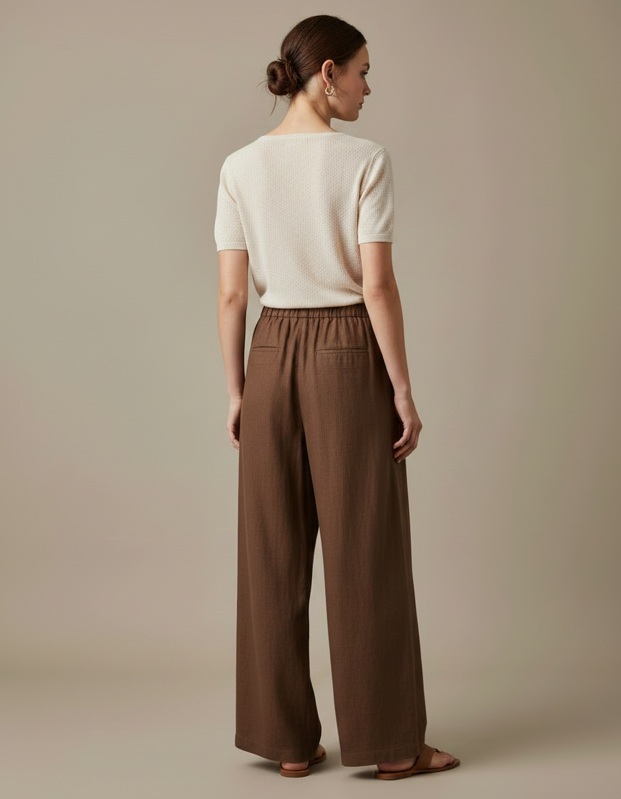Pantalon Marron Ample Lin Taille Haute Femme - vue 2