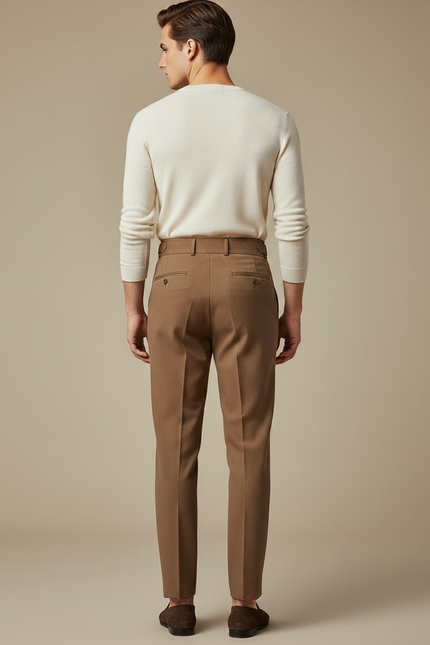 Pantalon Marron Homme Plissé Taille Haute Élégant - Gabardine - vue 2