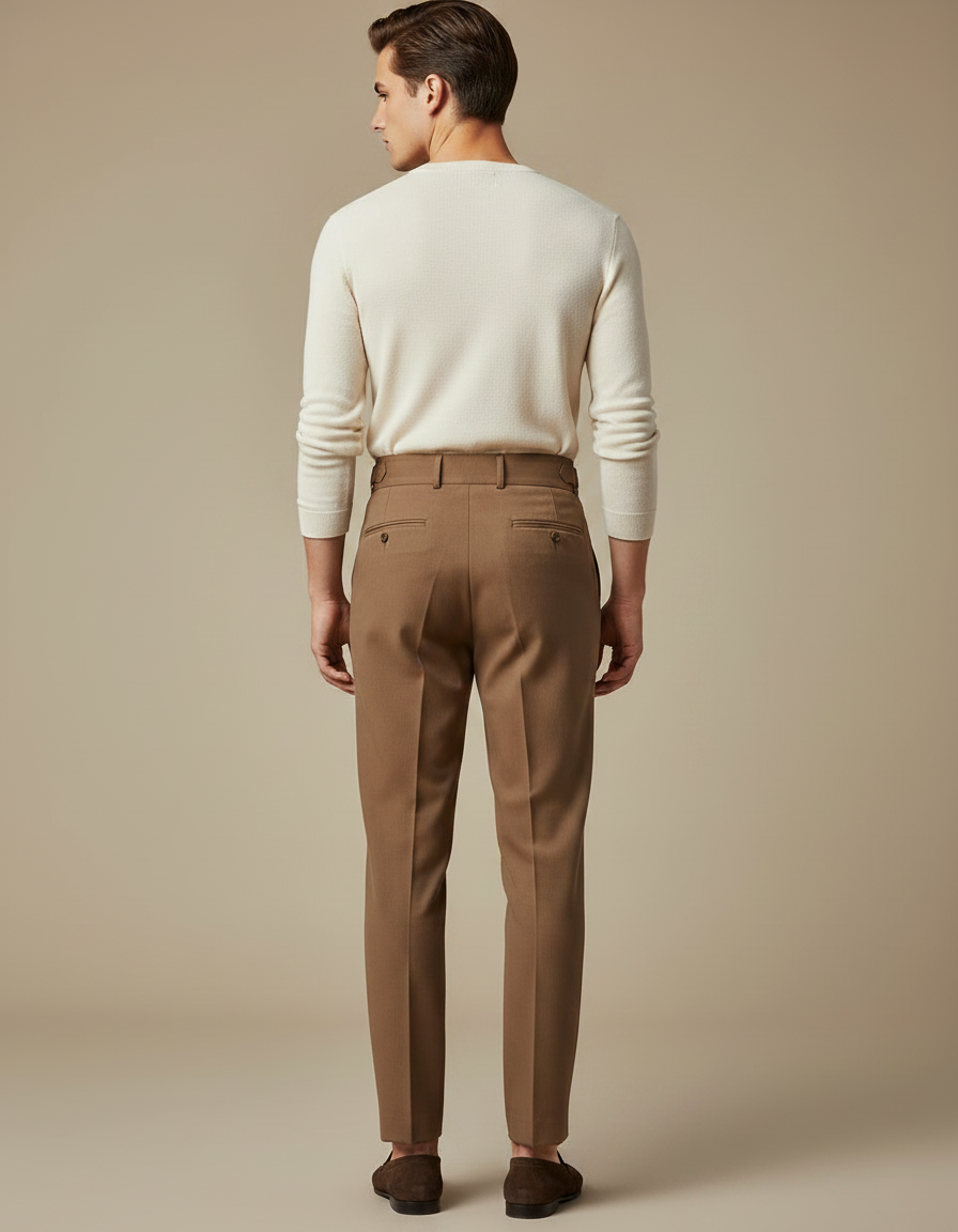 Pantalon Marron Homme Plissé Taille Haute Élégant - Gabardine - vue 2