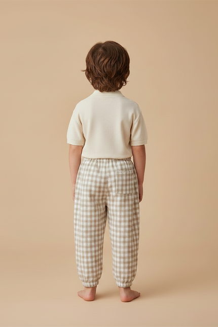 Pantalon Marron Carreaux Lin Ample Élastique Enfant - vue 2