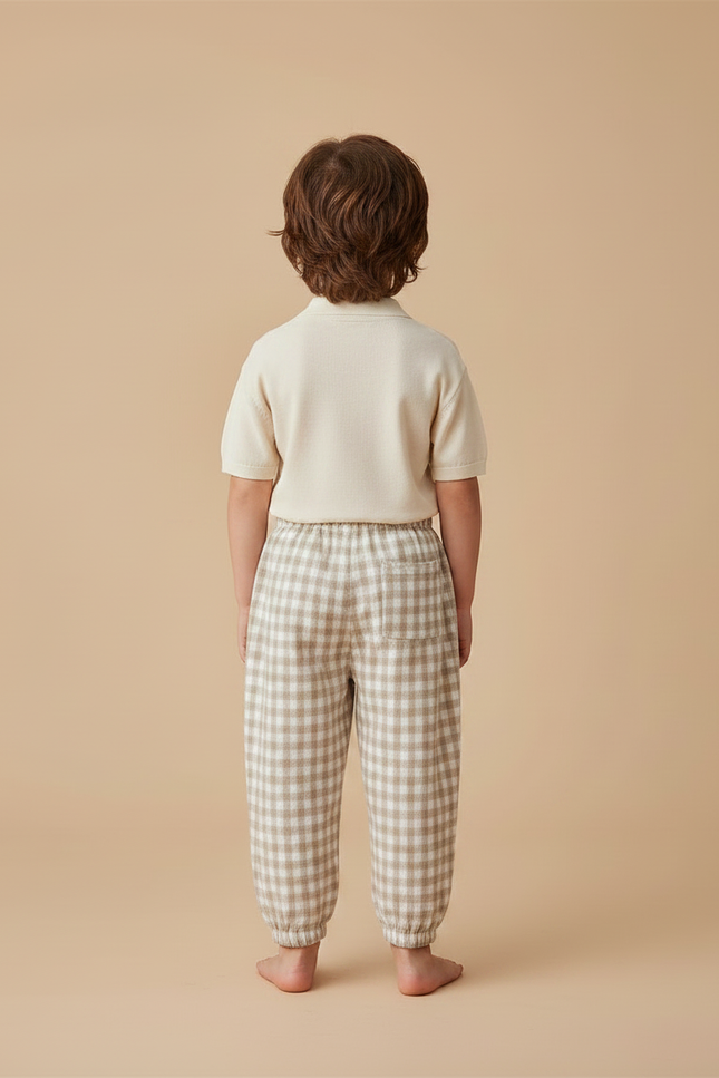 Pantalon Marron Carreaux Lin Ample Élastique Enfant - vue 2