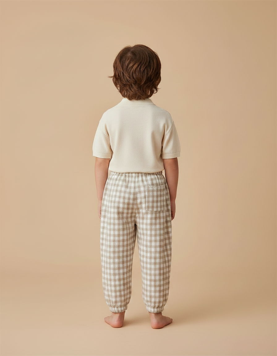 Pantalon Marron Carreaux Lin Ample Élastique Enfant - vue 2