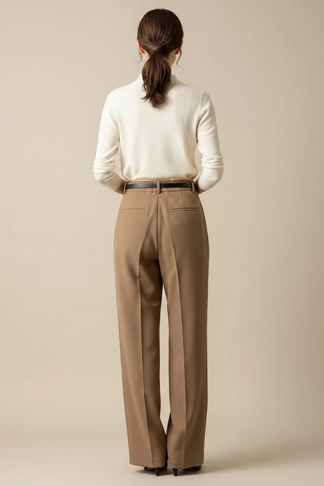 Pantalon Marron Fluide Taille Haute Plissé Élégant - Polyester - vue 2