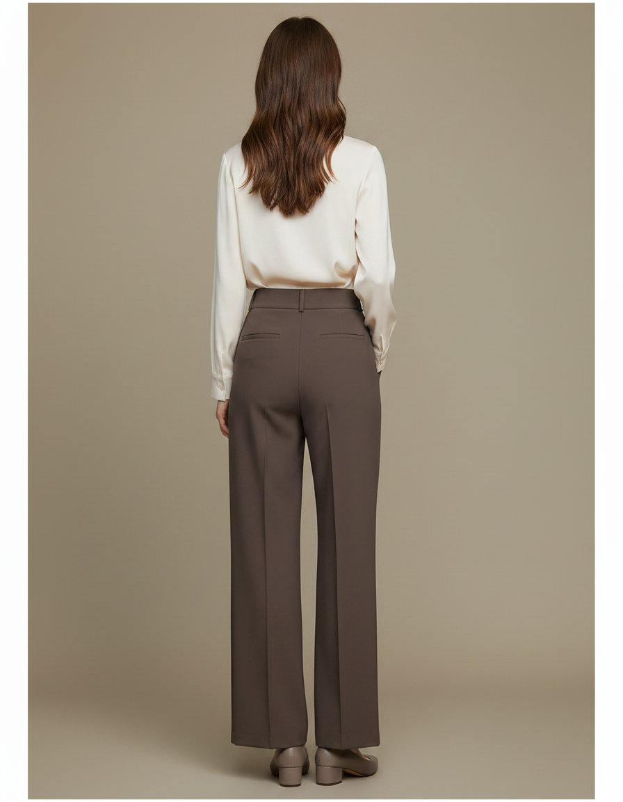 Pantalon Marron Ample Taille Haute Élégant Droit - Gabardine - vue 2