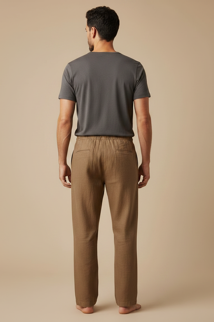Pantalon Marron Lin Coton Ample Décontracté Homme - vue 2