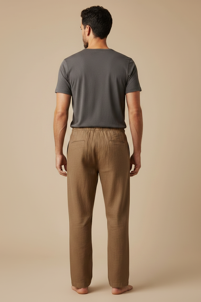 Pantalon Marron Lin Coton Ample Décontracté Homme - vue 2