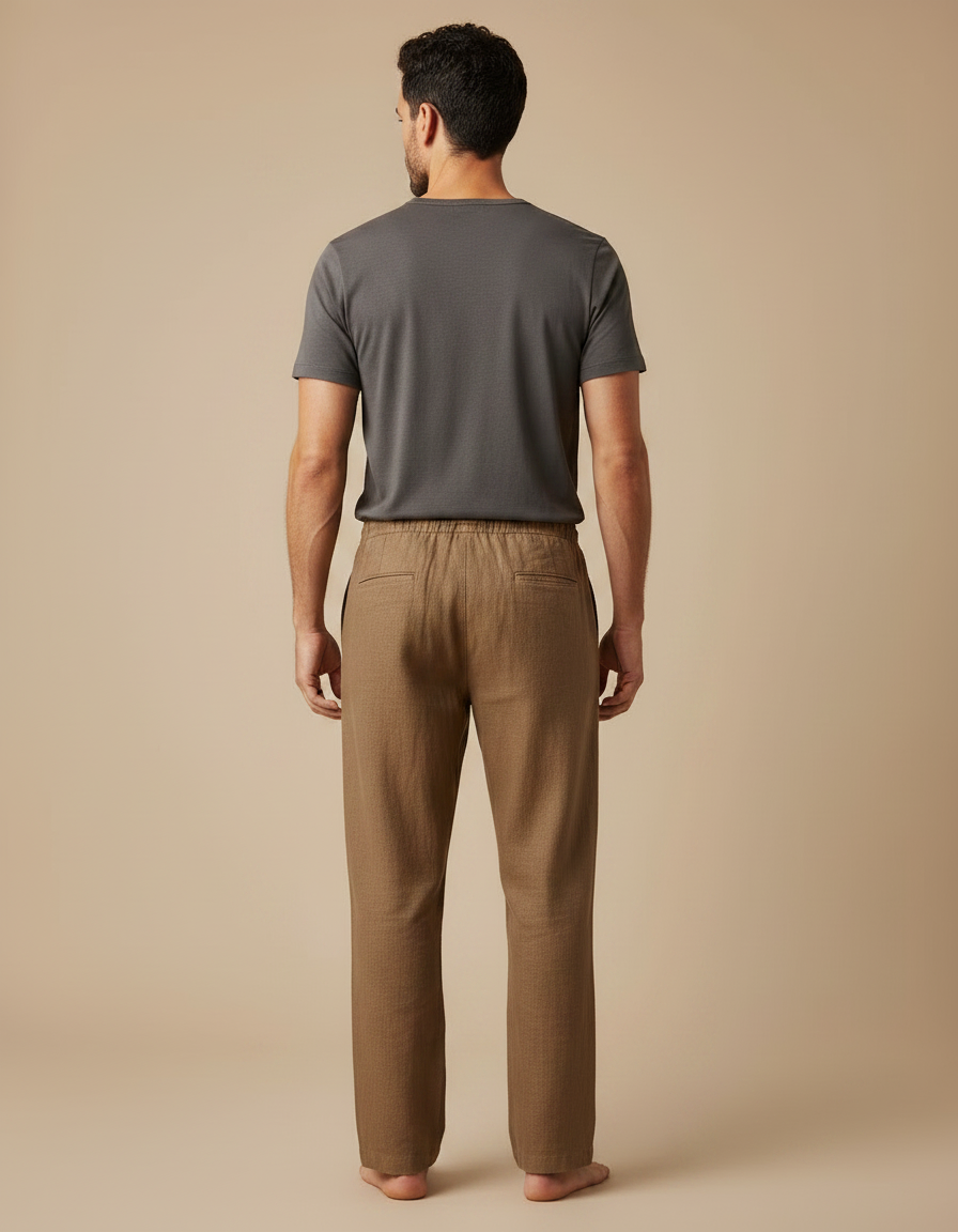 Pantalon Marron Lin Coton Ample Décontracté Homme - vue 2
