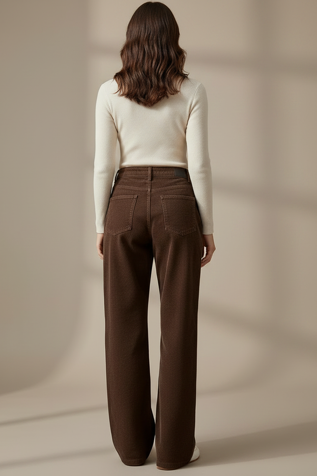 Pantalon Marron Côtelé Droit Ample Taille Haute - Cordé - vue 2