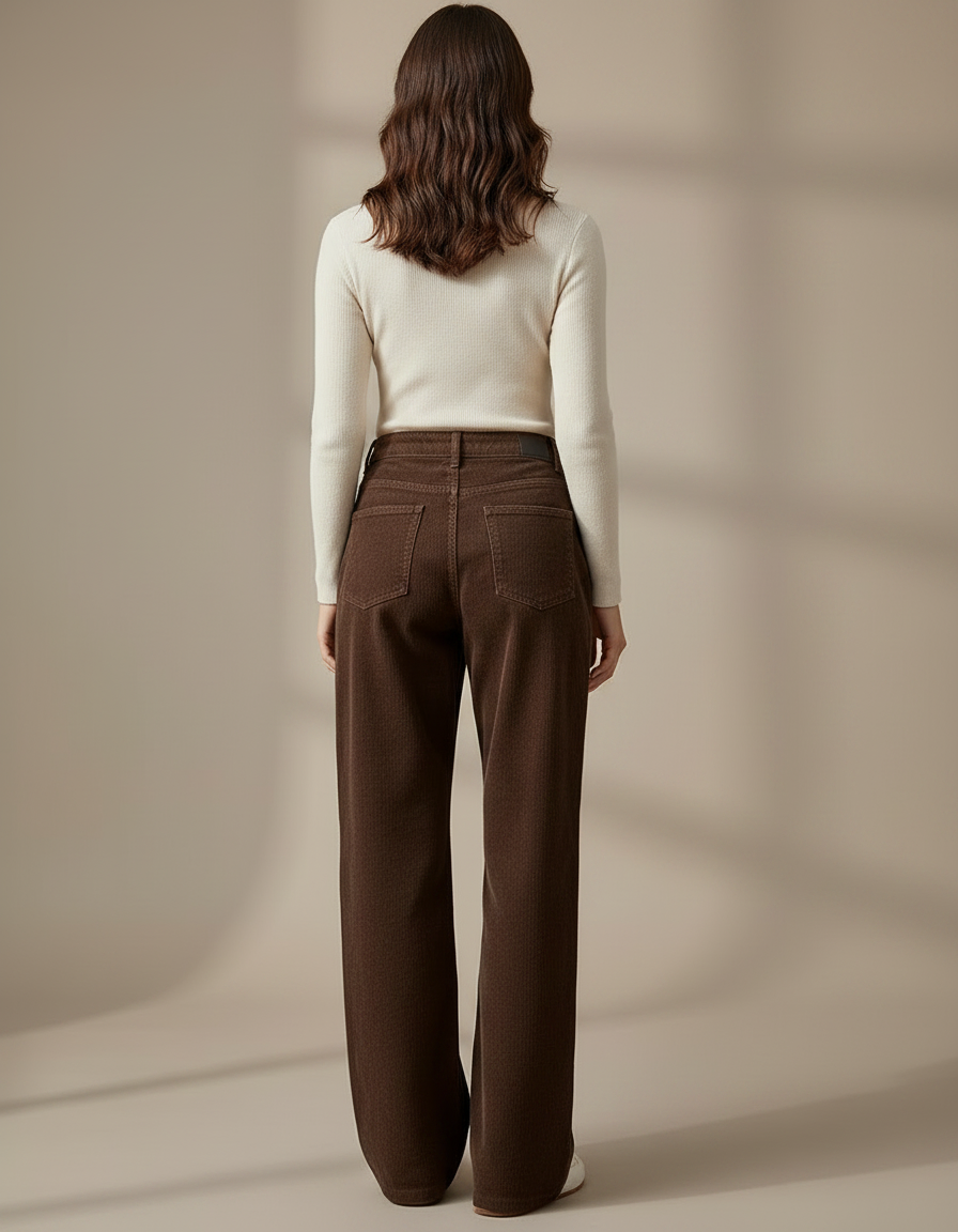 Pantalon Marron Côtelé Droit Ample Taille Haute - Cordé - vue 2