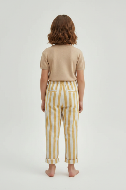 Pantalon Marron Rayé Ample Décontracté Coton Lin - vue 2