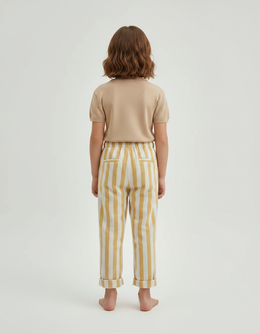 Pantalon Marron Rayé Ample Décontracté Coton Lin - vue 2