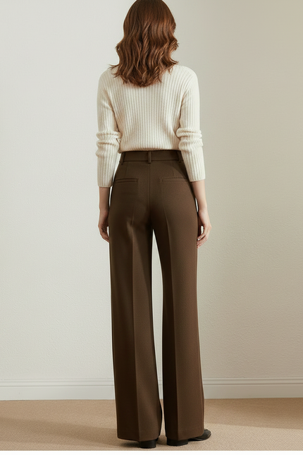 Pantalon Marron Laine Ample Plissé Élégant Femme - vue 2