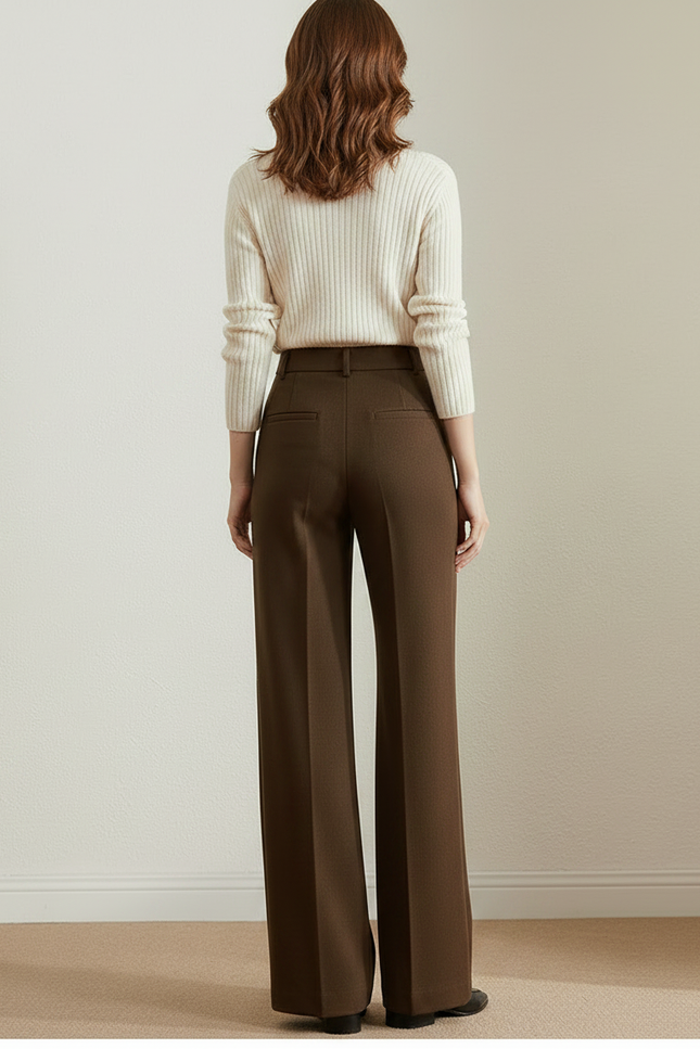 Pantalon Marron Laine Ample Plissé Élégant Femme - vue 2