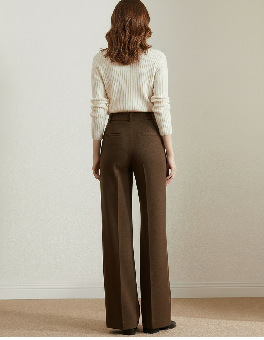 Pantalon Marron Laine Ample Plissé Élégant Femme - vue 2