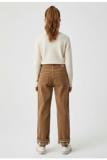 Pantalon Marron Côtelé Ample Plaid Décontracté - Cordé - vue 2