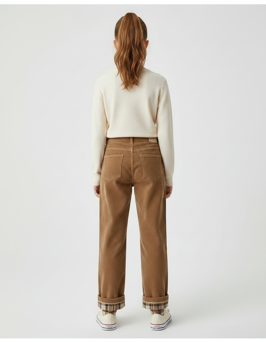 Pantalon Marron Côtelé Ample Plaid Décontracté - Cordé - vue 2