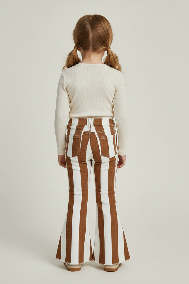 Pantalon Marron Rayé Évasé Coton Fille - Jean - vue 2