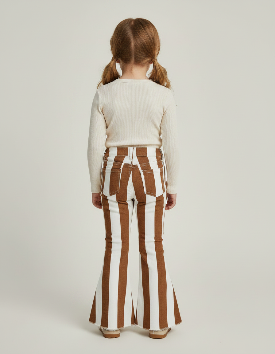 Pantalon Marron Rayé Évasé Coton Fille - Jean - vue 2